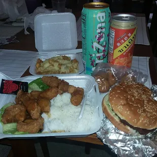 1 Arizona tea, 1 thai tea, french fries, 4 chicken nuggets, 1 deluxe cheeseburger, 1 orange chicken plate. Only $17!!
