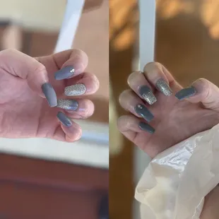 Today we did a matte grey &amp; a glitter. With an ombré matte grey &amp; gloss glitter &amp; a couple diamonds. I'm in love