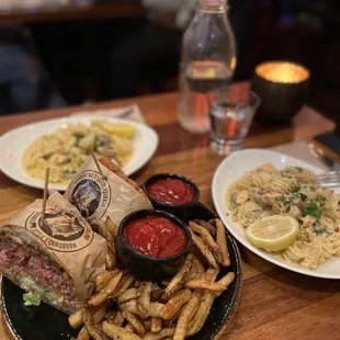 Northwest King Salmon Pasta, Double Smashed American Burger