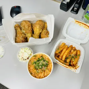Crispy Garlic Chicken, Kimchi Fried Rice, Rice Cake