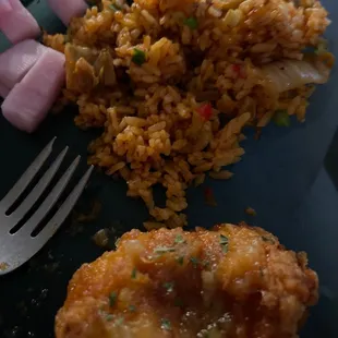 Kimchi fried rice and garlic chicken