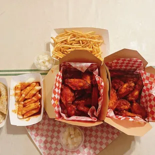 Dumpling, Rice Cake, Chicken Wings (mild and spicy), French Fries.