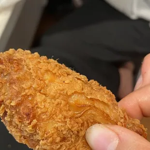 A lot of hairs on chicken. It's not on the top. Mixed with fry skin.  Disgusting   We just throw away all food.