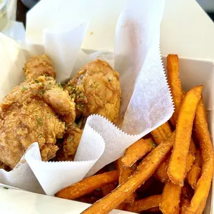 Crispy fried chicken (garlic soy glaze) and sweet potato fries