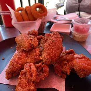 Soy glazed Crispy Fried Chicken and onion rings.
