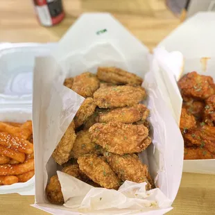 L to R: Tteokbokki, Crispy Fried Chicken (all wings, full), yangnyeom chicken (all wings)