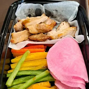 Mini SSAM Chicken combo meal - Wrap oven roasted chicken with bell peppers in a round, thinly sliced pickled radish wrapper.