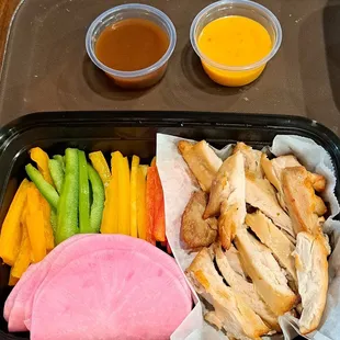 Mini SSAM Chicken combo meal comes with 2 dipping sauces: a green onion dressing and honey mustard