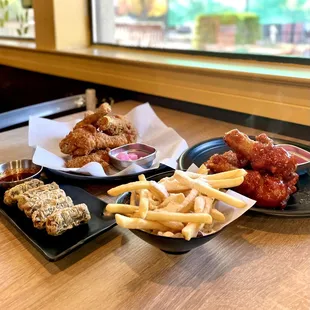 Laver roll, crispy fried chicken (half), yangnyum chicken (half), honey butter French fries