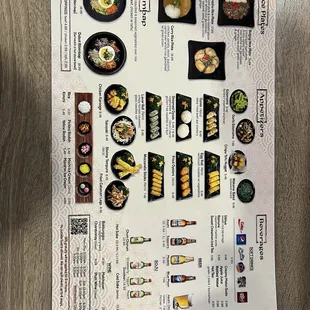 menu, sushi and sashimi