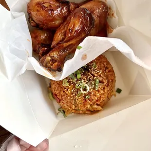 Yum!!!   Von's Combo All Day Special for $12.99  3 drums with Von's Special Sauce (medium spicy) Extra $1 for Kimchi Fried Rice