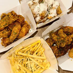 Cheddar French Fries, Crispy Soy Chicken (Half), Crispy Fried w/ Honey Butter (Half)