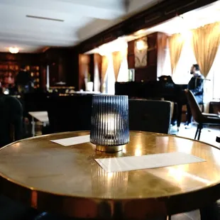 a glass of water on a table