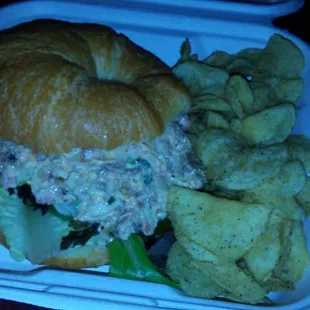 Fried Chicken Salad Sandwich on croissant w/ potato chips (not sure why the photo is blue?), and it was very tasty . . .