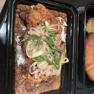 Red Beans and rice with Fried Pork Chop &amp;Skillet Cornbread