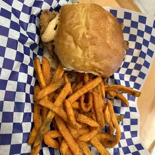Spicy chicken sandwich with Sweet Potato Fries