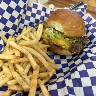 Single Voodoo Burger and Fries with added guacamole