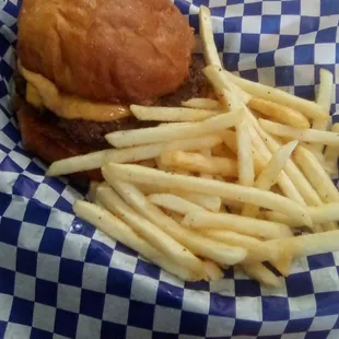 Voodoo Burger with their thin fries. Voodoo sauce had nice flavor. Bun was light and flavorful. Fries just ok