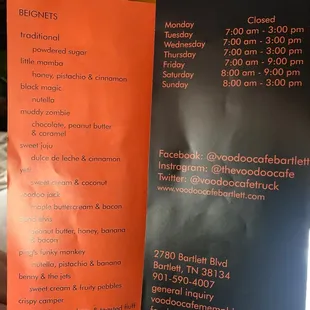 Menu/hours