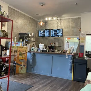 a counter with a menu