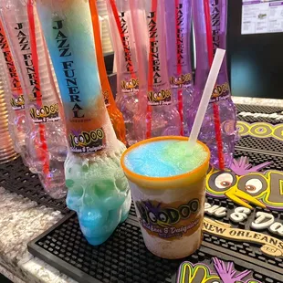 Large cups of all flavors : Blue Bayou, Jazz Funeral, Voodoo Punch, &amp; Big East Rita