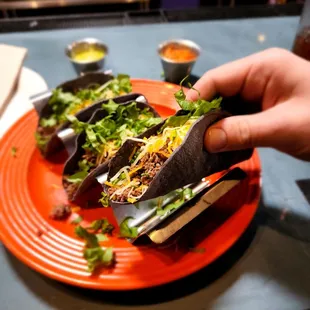 Blue corn tortilla beef taco