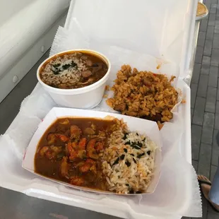 Crawfish étouffée + jambalaya + chicken &amp; sausage gumbo