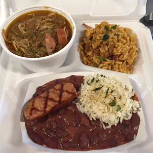 Bayou Sampler with Gumbo, Jambalaya and Red Beans &amp; Rice