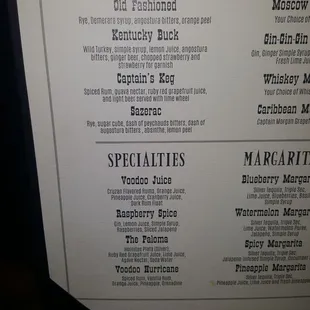 the menu for the whiskey rum