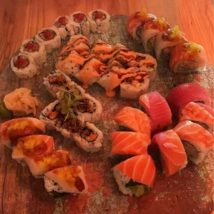 Traditional Futomaki Rainbow Roll, tiger roll, tempura shrimp, spicy tuna, sweet potato roll