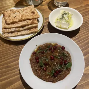 Eggplant dip with cheese and bread.  So perfect together.