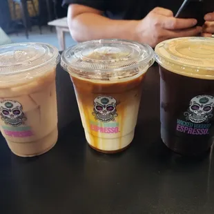 Iced chai latte, caramel machiatto, cold brew.