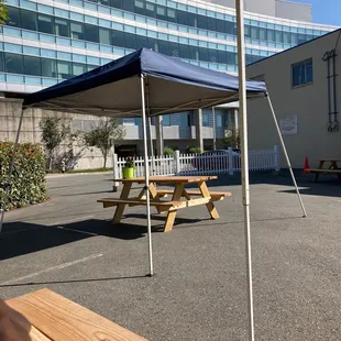 a picnic area with tables and umbrellas