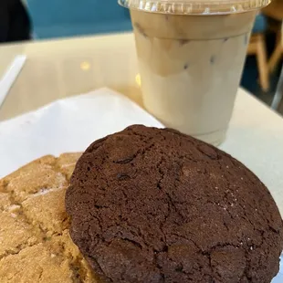 a chocolate cookie and iced coffee