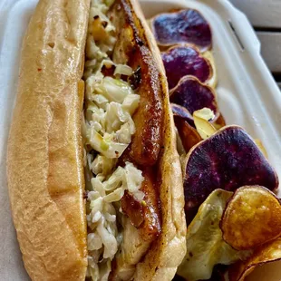 Pork belly and pineapple slaw hoagie with housemate mixed chips