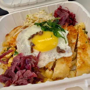 Oktoberfest schnitzel chicken, spaetzle, red cabbage