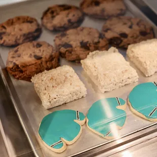 a tray of cookies and pastries