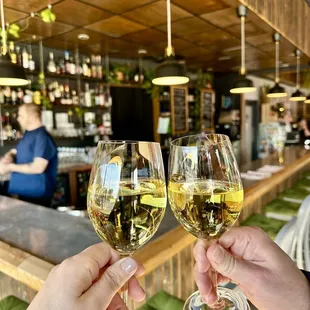 two people toasting with wine glasses
