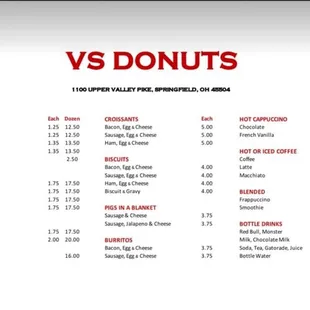 VS Donuts menu with current prices
