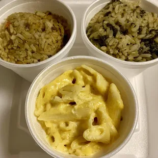 Macaroni/Cheese, Rice and Greens, Rice and Beans
