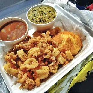 Calamari combo w/ baked beans, rice &amp; greens, and a corn muffin.