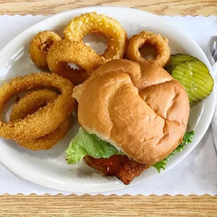 a burger and onion rings