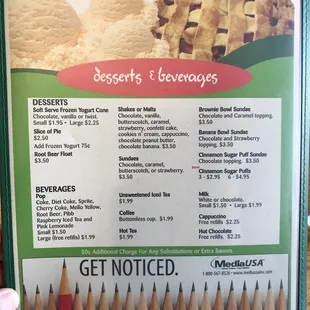 a menu for desserts and beverages