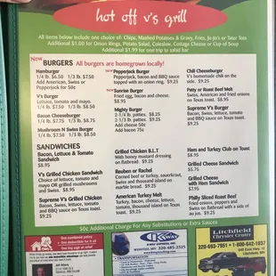 a menu for a hot dog