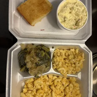 Mac and 3 Cheese Macaroni, cabbage/collard mix, potato salad, cornbread