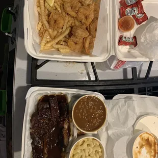 Shrimp basket, rib dinner with baked beans and mac &amp; cheese