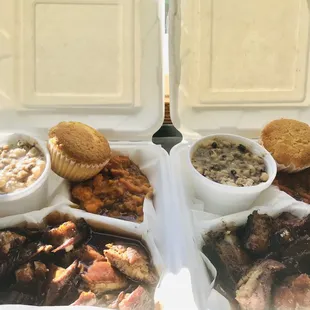 A rib tip dinner w/ yams and black-eye-peas, and cornbread.