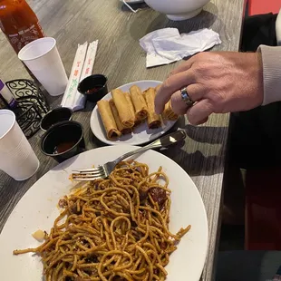 Garlic noodles with pork. Appetizer Lumpia &amp; Pho