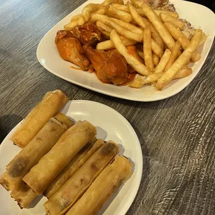 Lumpia, wings and fries