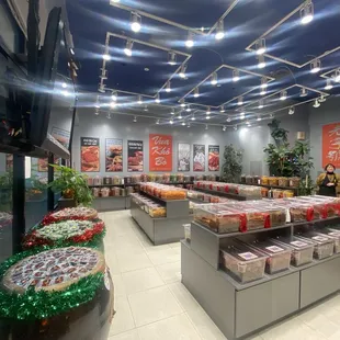 Varieties of tea, dried fish , meat jerky and candies